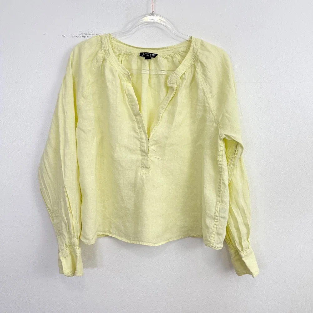 J.Crew 100% Linen Cabana Popover Top Pale Yellow Size Large